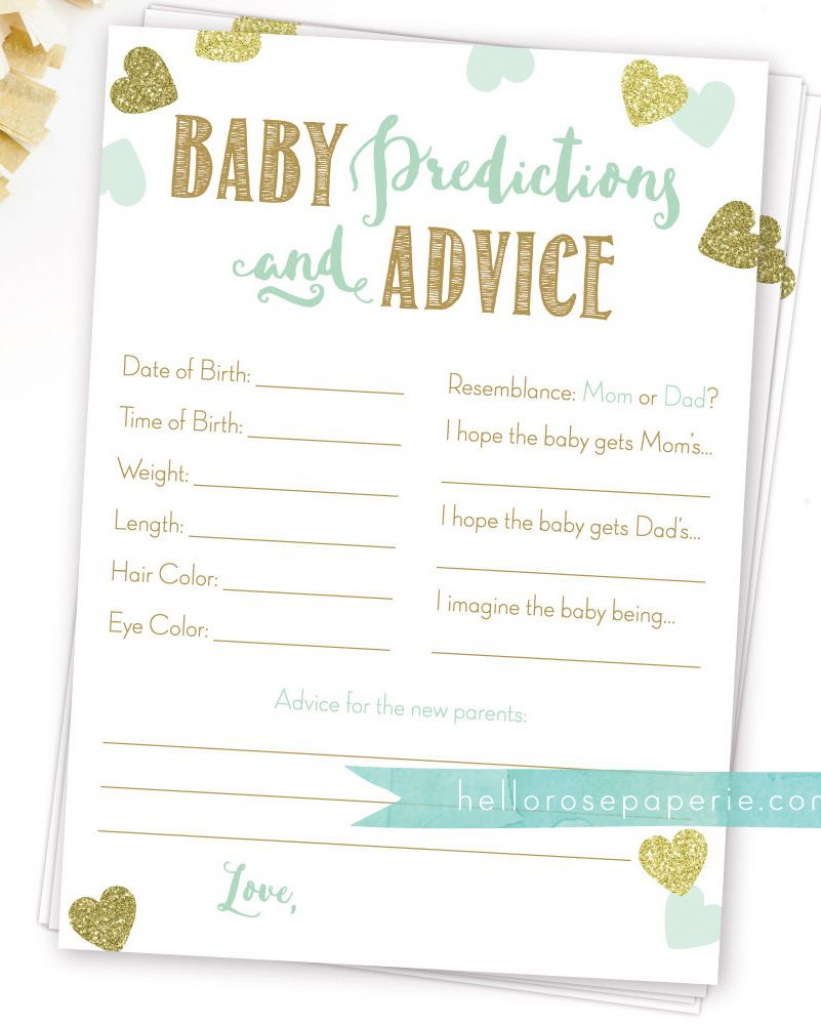 Baby Predictions And Advice . Baby Prediction Cards . Mint And Gold | Baby Shower Printable Prediction Cards