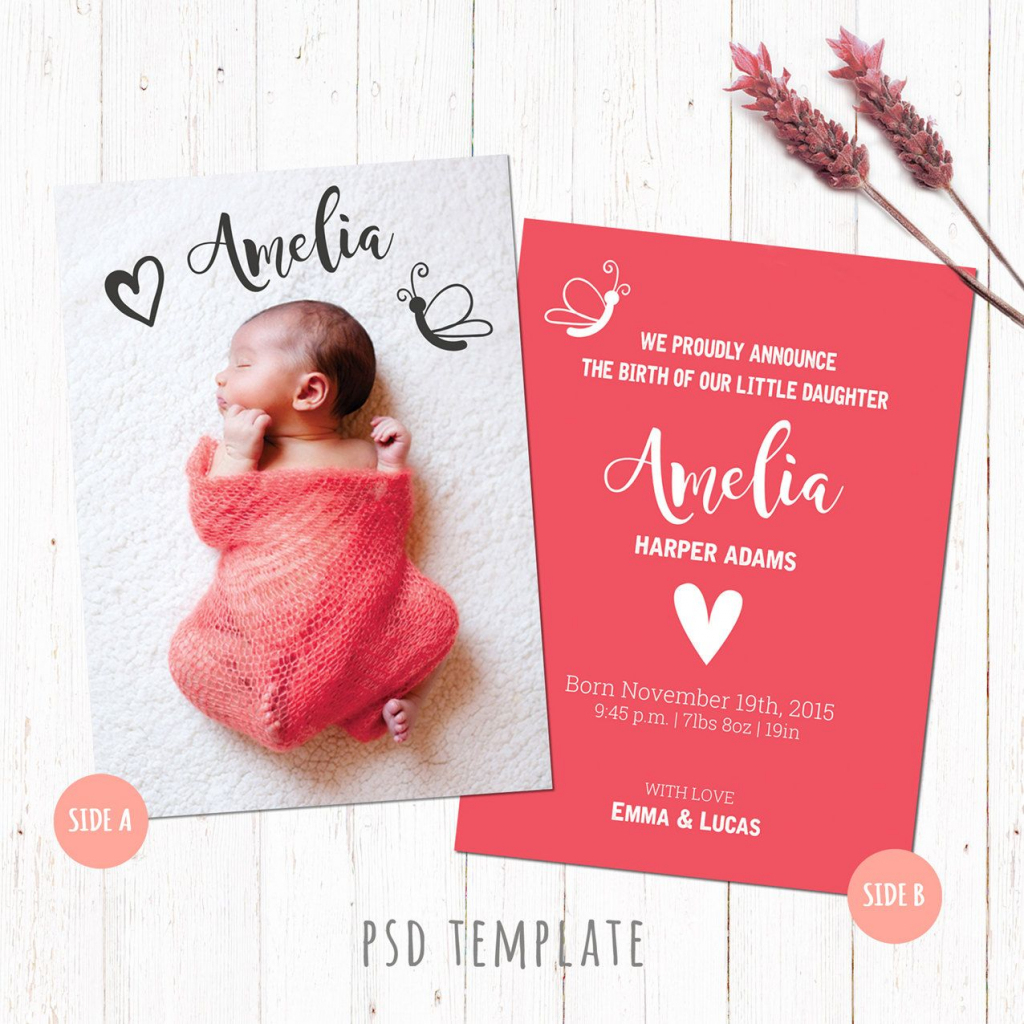 Birth Announcement Template Card. Baby Girl Birth Card. Newborn Card | Free Printable Baby Birth Announcement Cards