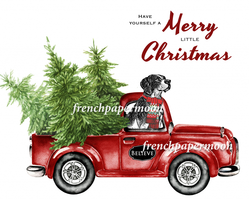 Digital Christmas Dog, Doggie Xmas, Red Pickup Truck, Pillow Image | Christmas Cards For Dogs Printable