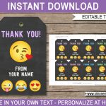 Emoji Party Favor Tags Template | Emoji Theme Thank You Tags | Printable Emoji Thank You Cards