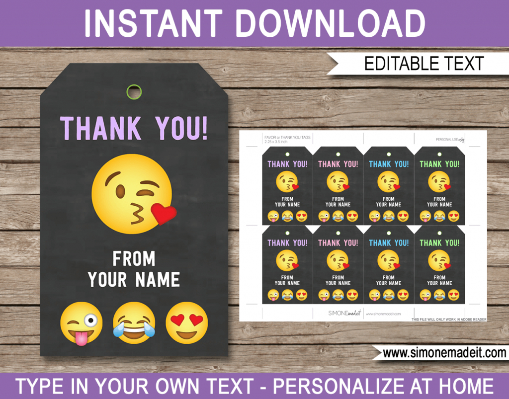 Emoji Party Favor Tags Template | Emoji Theme Thank You Tags | Printable Emoji Thank You Cards