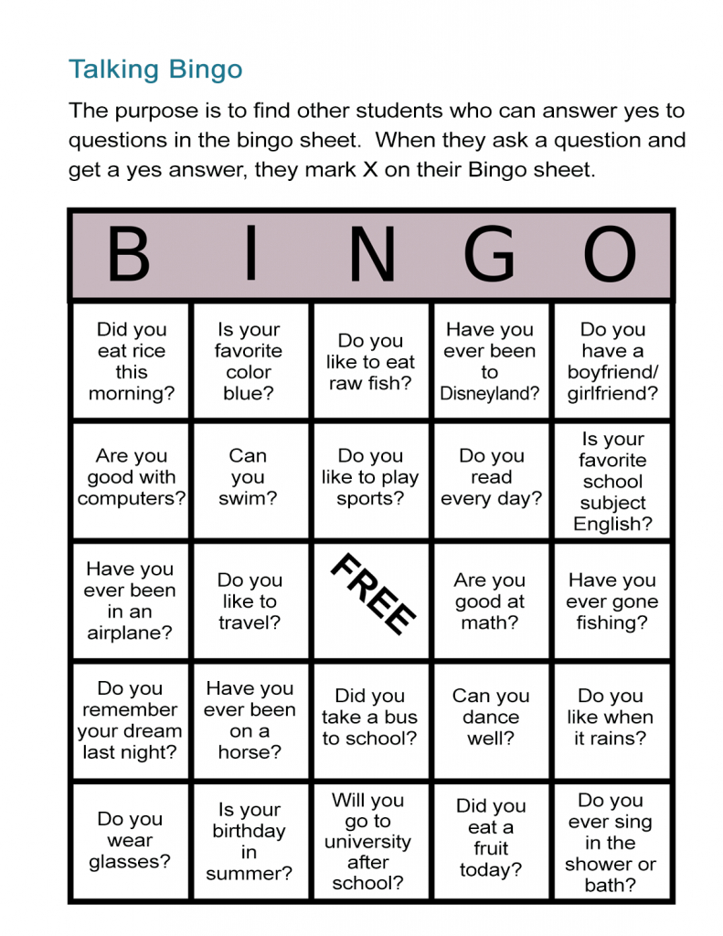 Esl Bingo Free Worksheet: Stand-Up Bingo - All Esl | Esl Bingo Cards Printable