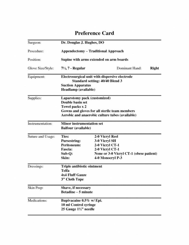 Example Of A Surgeons Preference Card Surgical Tech Surgical