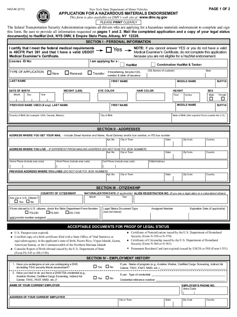 Form Haz-44 - Application For A Hazardous Materials Endorsement | Printable Twic Card Application