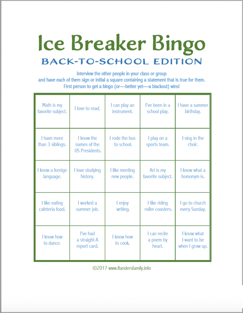 Ice Breaker Bingo: Back-To-School Version - Flanders Family Homelife | Printable Icebreaker Bingo Cards