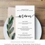 Menu Card Template, Printable Wedding Menu, Modern Calligraphy | Free Printable Wedding Menu Card Templates