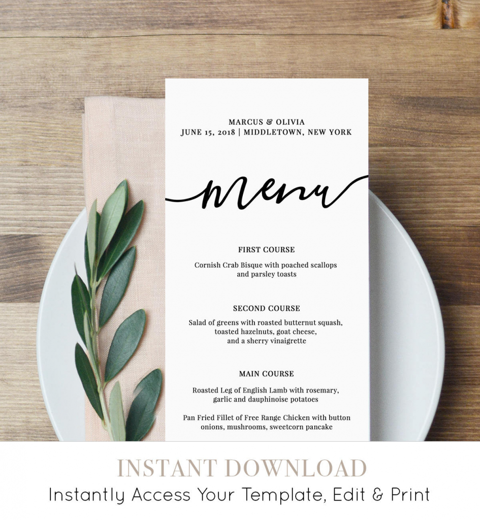 Menu Card Template, Printable Wedding Menu, Modern Calligraphy | Free Printable Wedding Menu Card Templates
