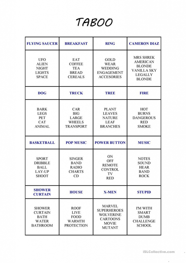 New Taboo Card Game Worksheet - Free Esl Printable Worksheets Made | Esl Taboo Cards Printable