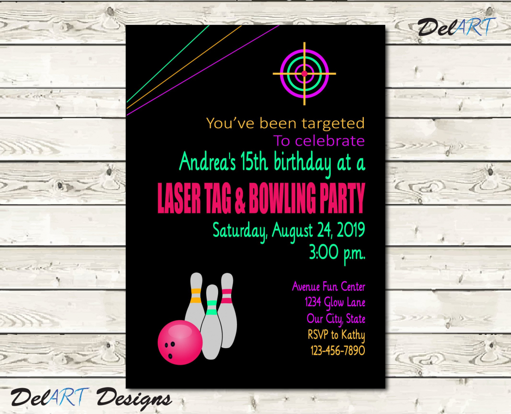 Pink, Laser Tag And / Or Bowling Party, Glow In The Dark Invitation  Birthday Card, Digital File After Customization, Jpg Or Pdf, Printable | Bowling Birthday Cards Printable