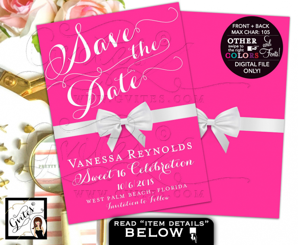 Pink Sweet 16, Save The Date Cards, Breakfast At Theme, White Bow | Printable Quinceanera Birthday Cards