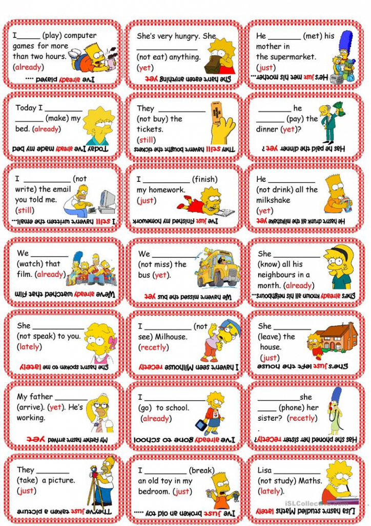 Present Perfect Card Game (Already, Yet, Just, Recetly, Lately | Esl Card Games Printable