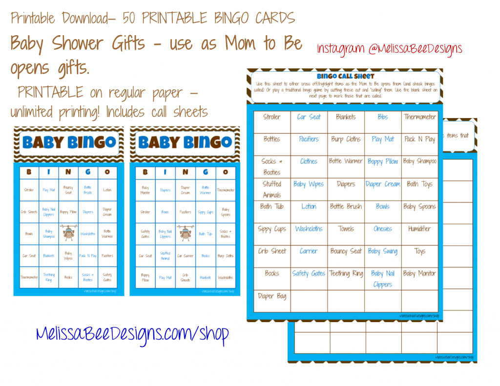 Printable Baby Shower Bingo (Boy) 50 Different Cards 2 Per Page | Printable Bingo Cards 2 Per Page