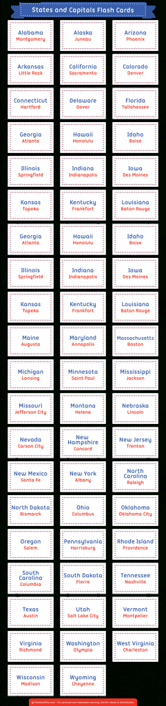 Printable States And Capitals Flash Cards | State Capitals Flash Cards Printable