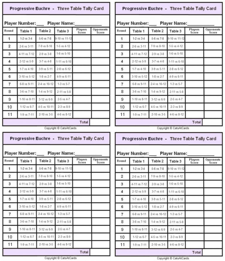 Progressive Euchre Two Table Tally Card - Print | Printable Euchre ...