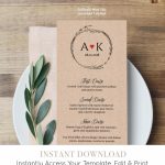 Rustic Menu Card Template, Printable Wedding Menu, Wreath Dinner | Free Printable Wedding Menu Card Templates