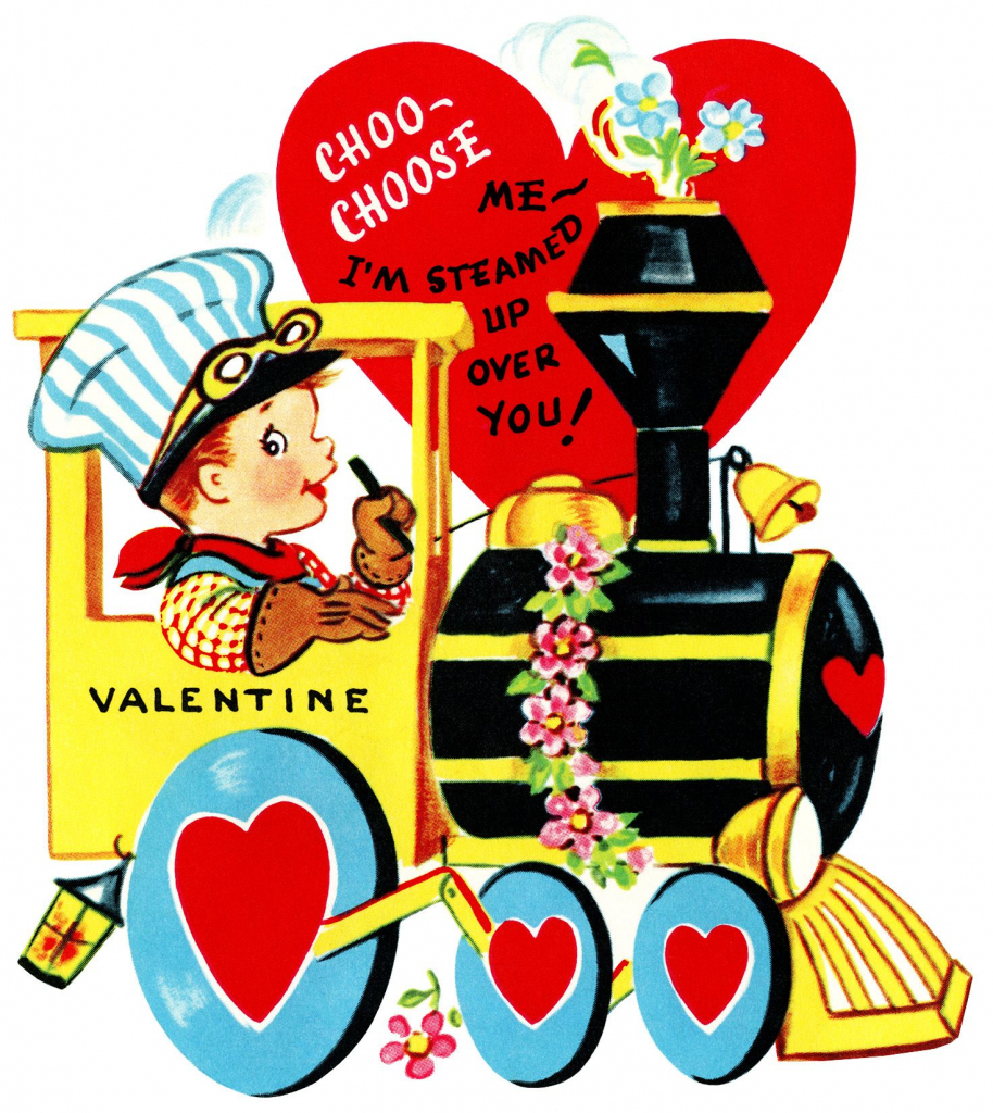 Train Valentine, Vintage Valentine Clip Art, Boy Engineer Driving | Printable Old Fashioned Valentine Cards